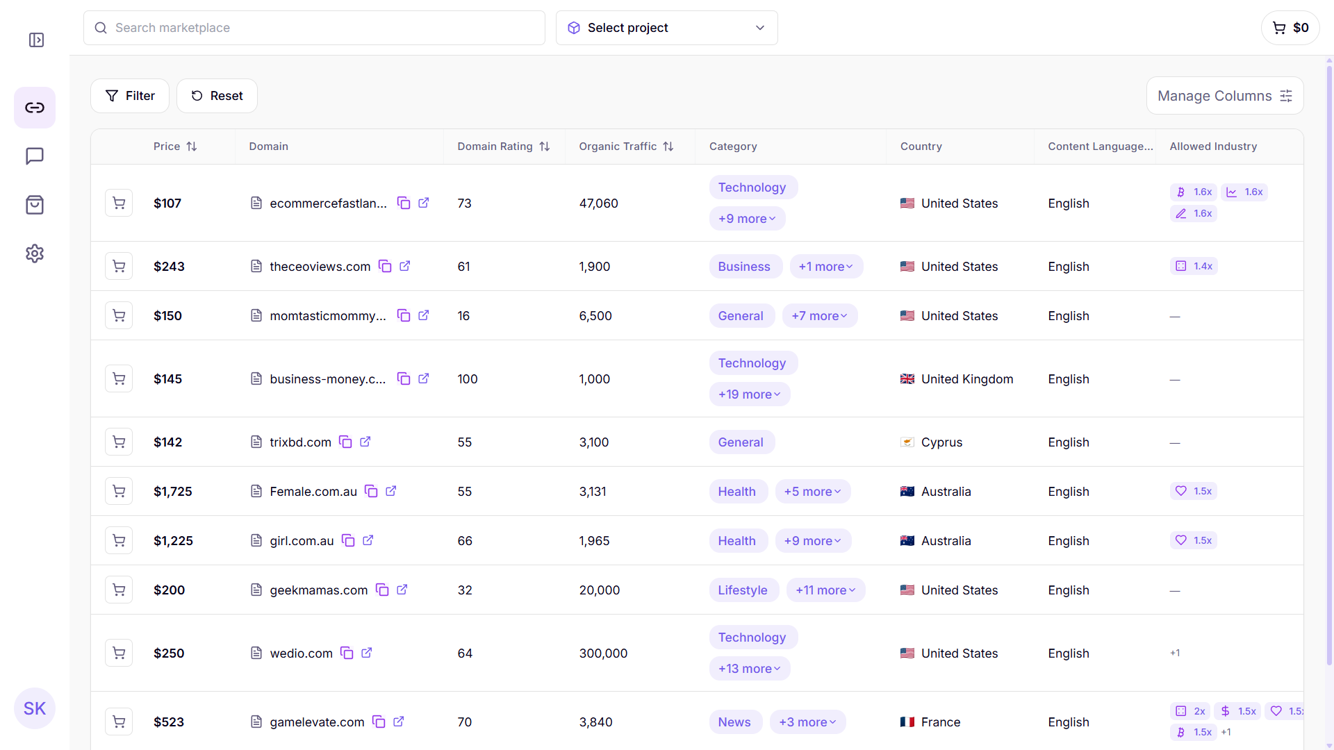Bazsy marketplace dashboard listing publisher domains, DR, traffic and price